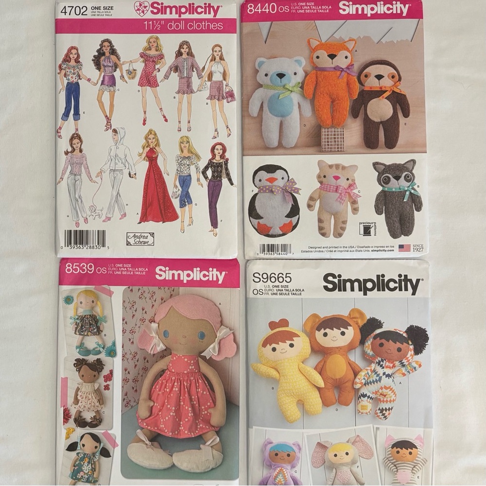 Lot of 4 Simplicity Barbie Doll Clothes & Plush Patterns 4702/8440/8539/9665